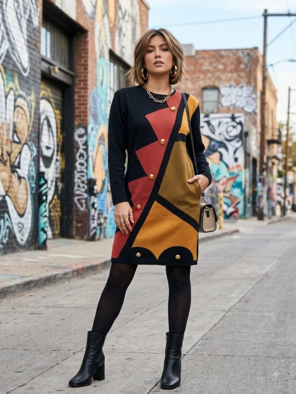 Vtg Andrea Jovine 100% Wool Colorblock Sweater Dress M Geometric Art Deco Gold